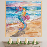 Watercolor Painting of a Colorful Seahorse by the Sea with Ocean Waves and Sandy Shoreline on Ready to Hang 1.5" Thick Canvas Wrap, Floating Framed Canvas, Flat Rolled Canvas
